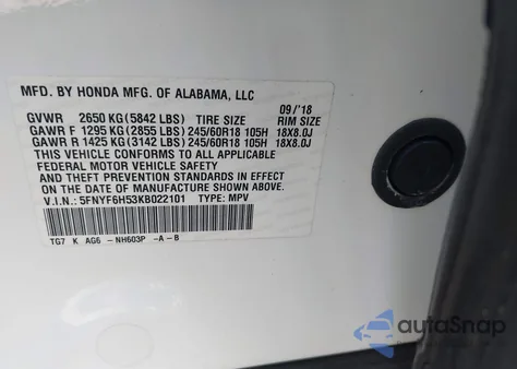 2019 Honda Pilot Ex-L from USA, damaged, VIN 5FNYF6H53KB022101